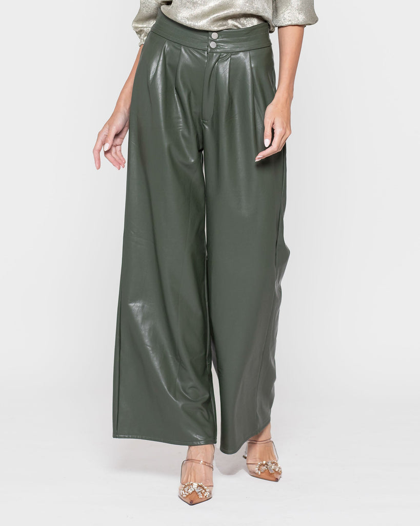 Pantalon Mujer Jazmin Verde Efecto Cuero Ludovica