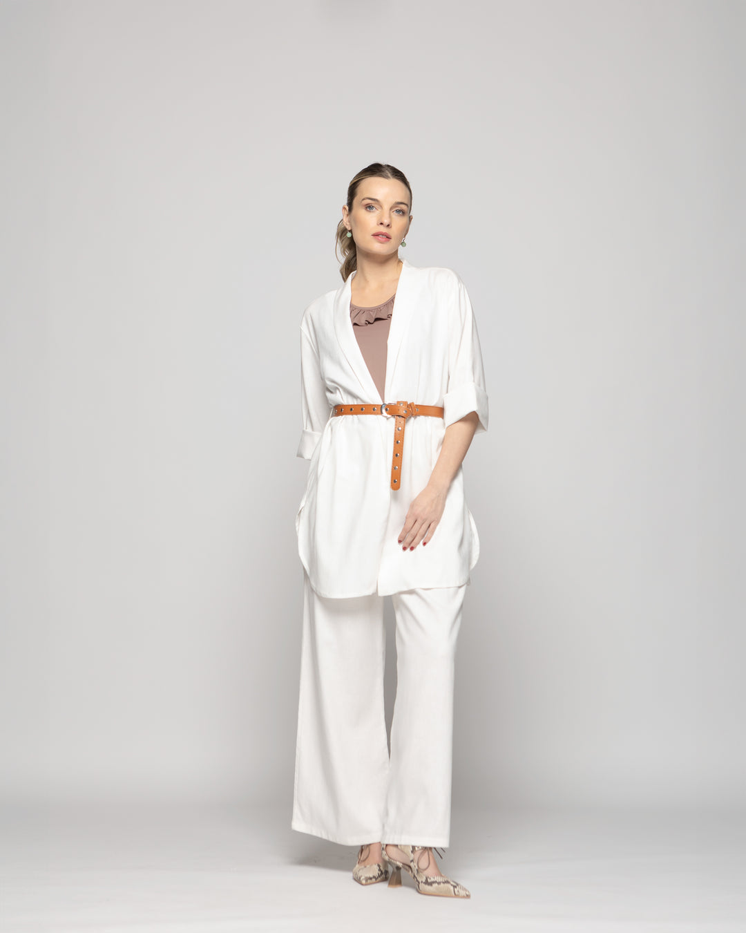 Túnica Kimono Mujer Verbena Manga 3/4 Con Cinturón Blanco Crudo Ludovica