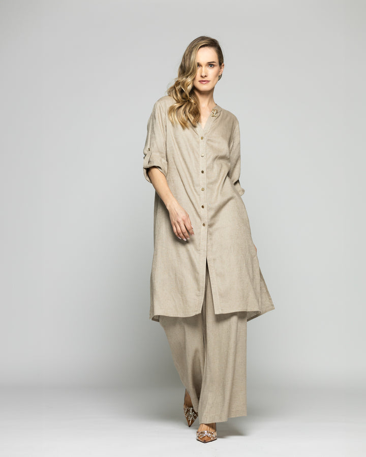 Túnica Vestido Mujer Vinca Camisero Cuello Mao Manga 3/4 Beige Ludovica