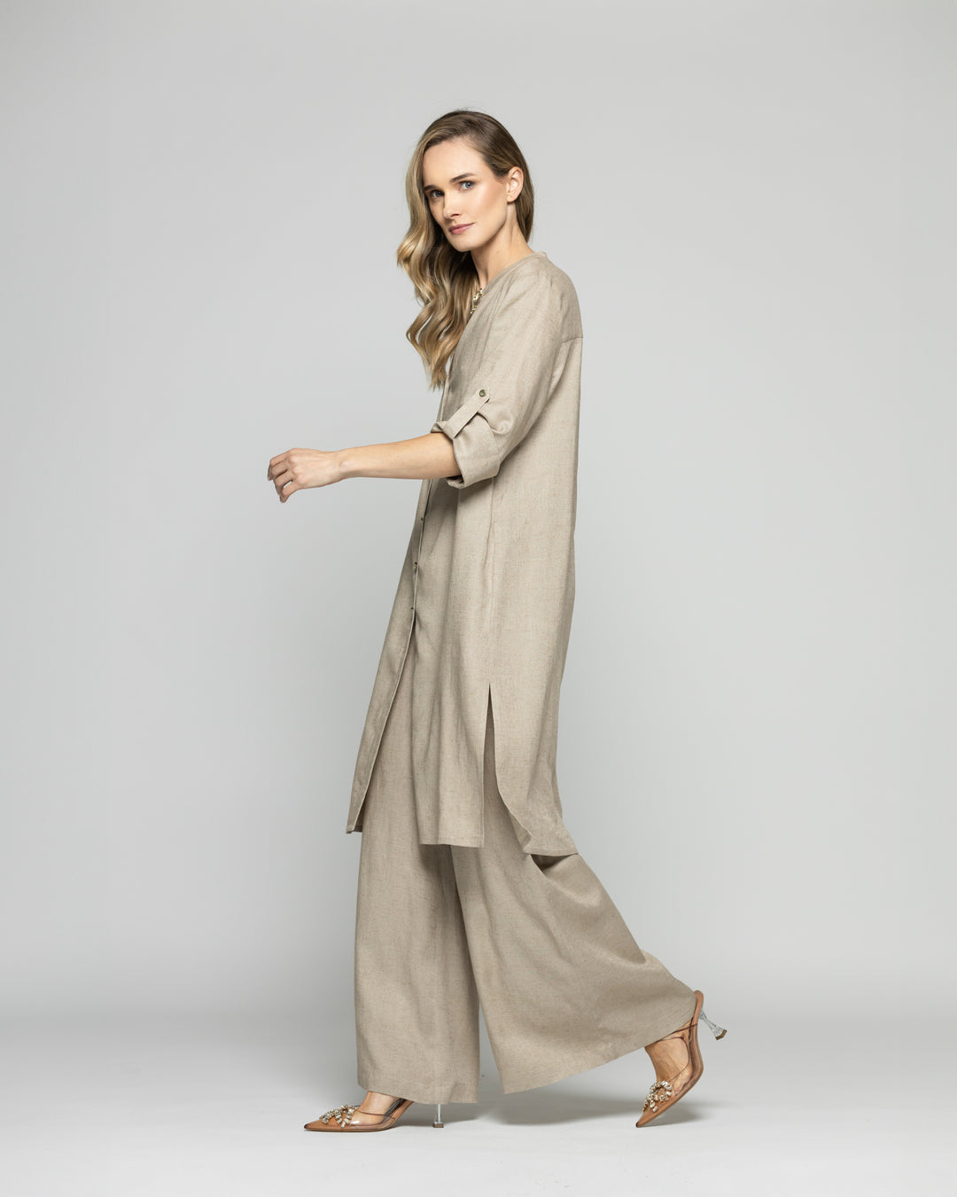 Túnica Vestido Mujer Vinca Camisero Cuello Mao Manga 3/4 Beige Ludovica