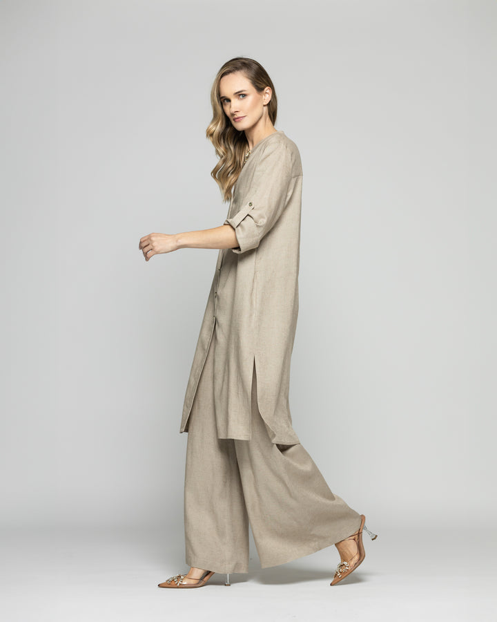 Túnica Vestido Mujer Vinca Camisero Cuello Mao Manga 3/4 Beige Ludovica