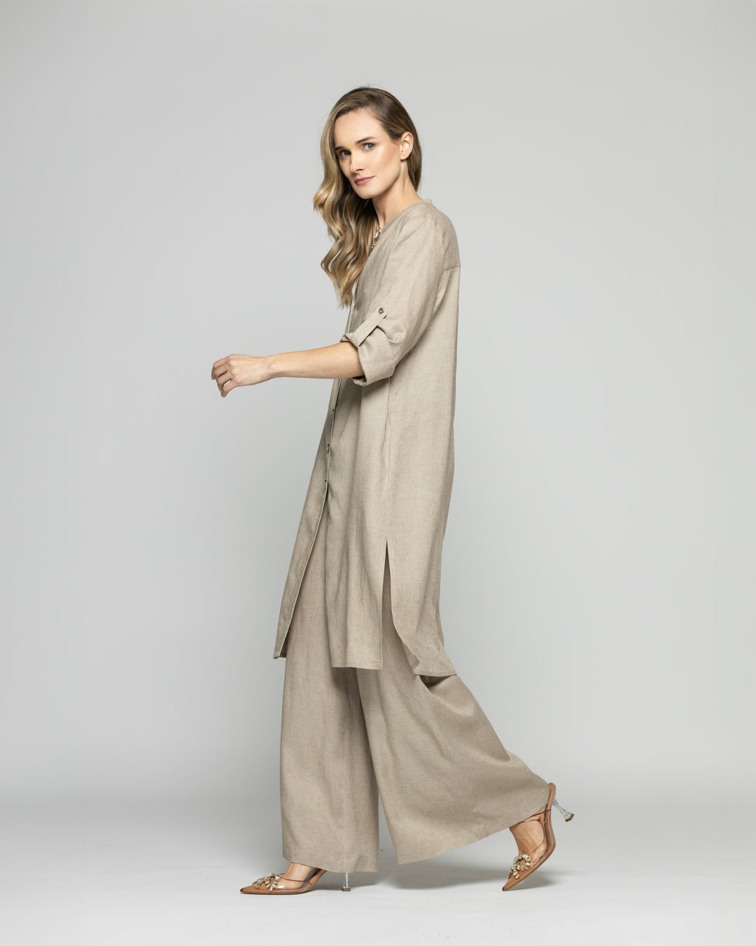 Túnica Vestido Mujer Vinca Camisero Cuello Mao Manga 3/4 Beige Ludovica