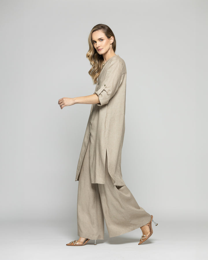 Túnica Vestido Mujer Vinca Camisero Cuello Mao Manga 3/4 Beige Ludovica
