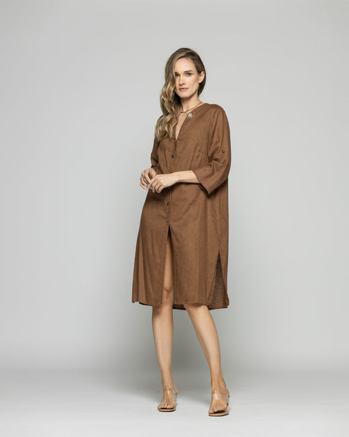 Túnica Vestido Mujer Vinca Camisero Cuello Mao Manga 3/4 Café Moka Ludovica