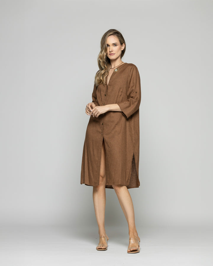 Túnica Vestido Mujer Vinca Camisero Cuello Mao Manga 3/4 Café Moka Ludovica