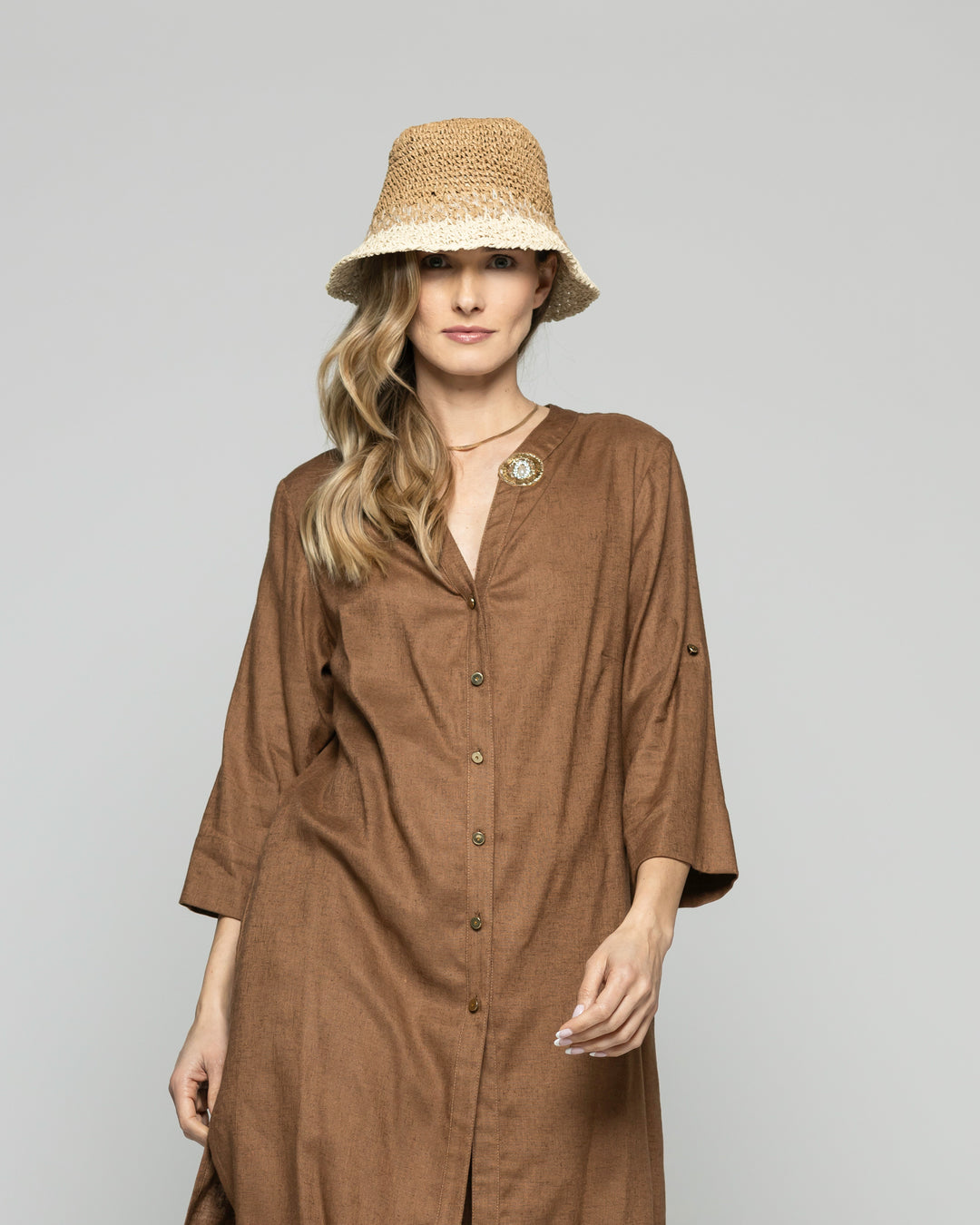 Túnica Vestido Mujer Vinca Camisero Cuello Mao Manga 3/4 Café Moka Ludovica