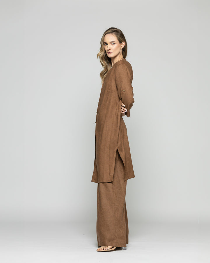 Túnica Vestido Mujer Vinca Camisero Cuello Mao Manga 3/4 Café Moka Ludovica