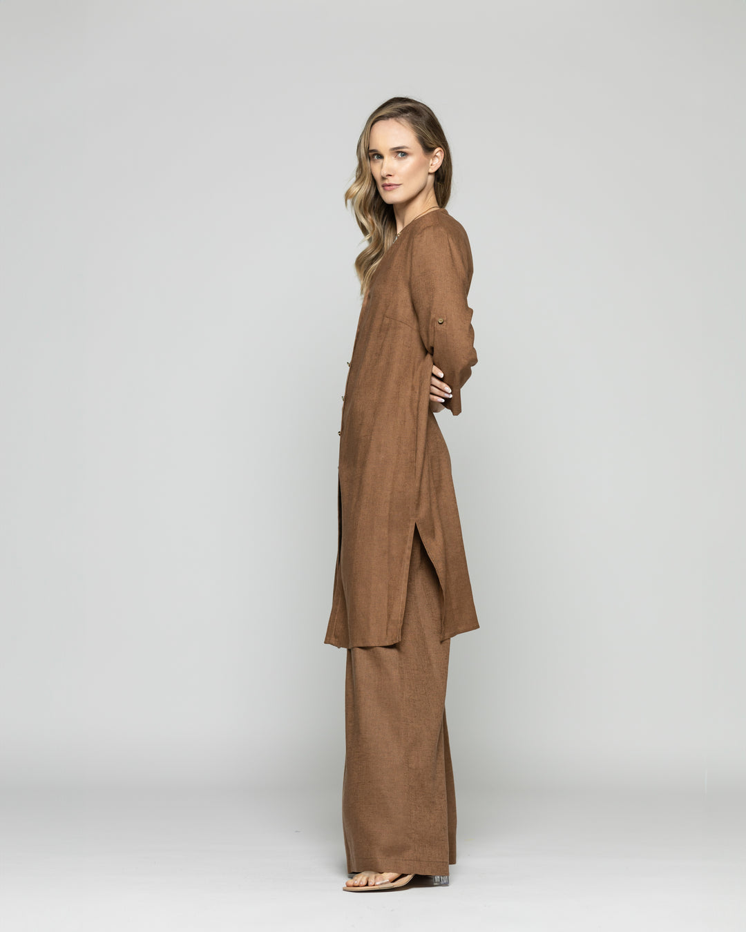 Túnica Vestido Mujer Vinca Camisero Cuello Mao Manga 3/4 Café Moka Ludovica