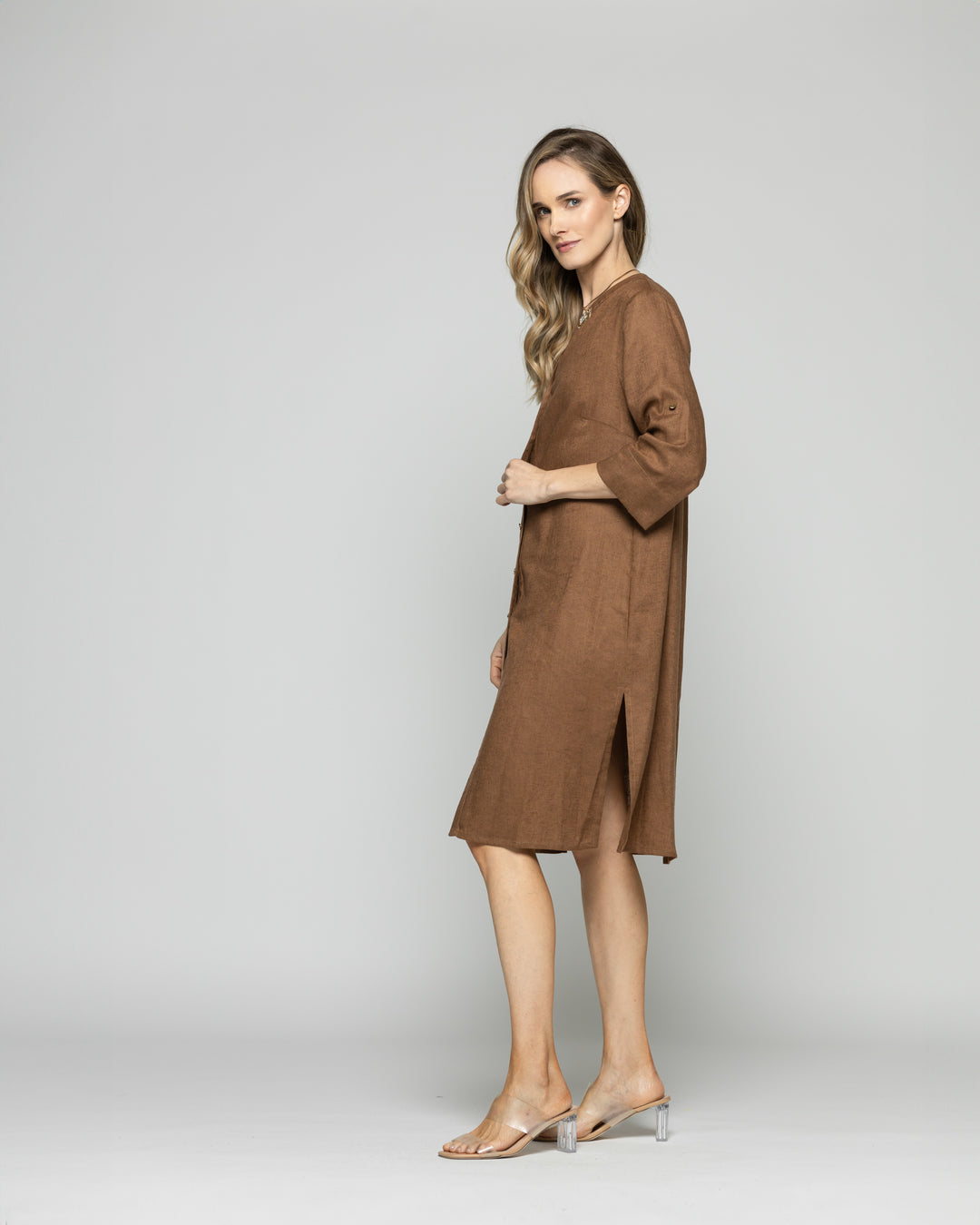 Túnica Vestido Mujer Vinca Camisero Cuello Mao Manga 3/4 Café Moka Ludovica
