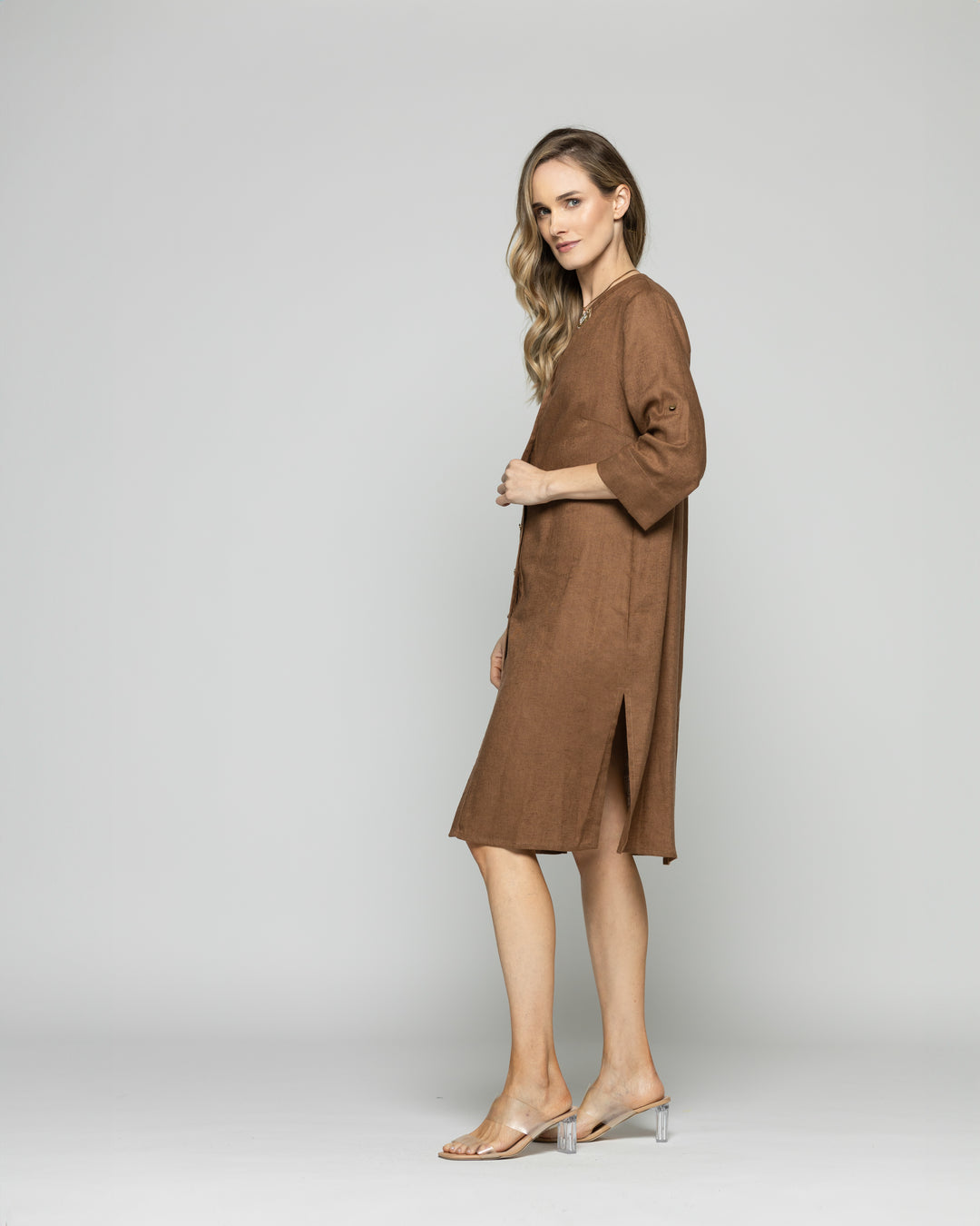 Túnica Vestido Mujer Vinca Camisero Cuello Mao Manga 3/4 Café Moka Ludovica
