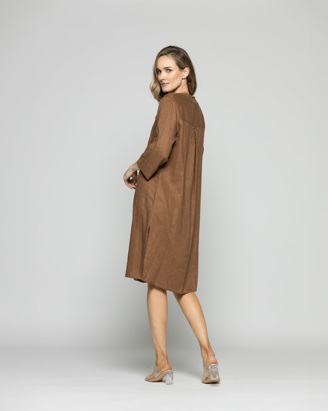 Túnica Vestido Mujer Vinca Camisero Cuello Mao Manga 3/4 Café Moka Ludovica