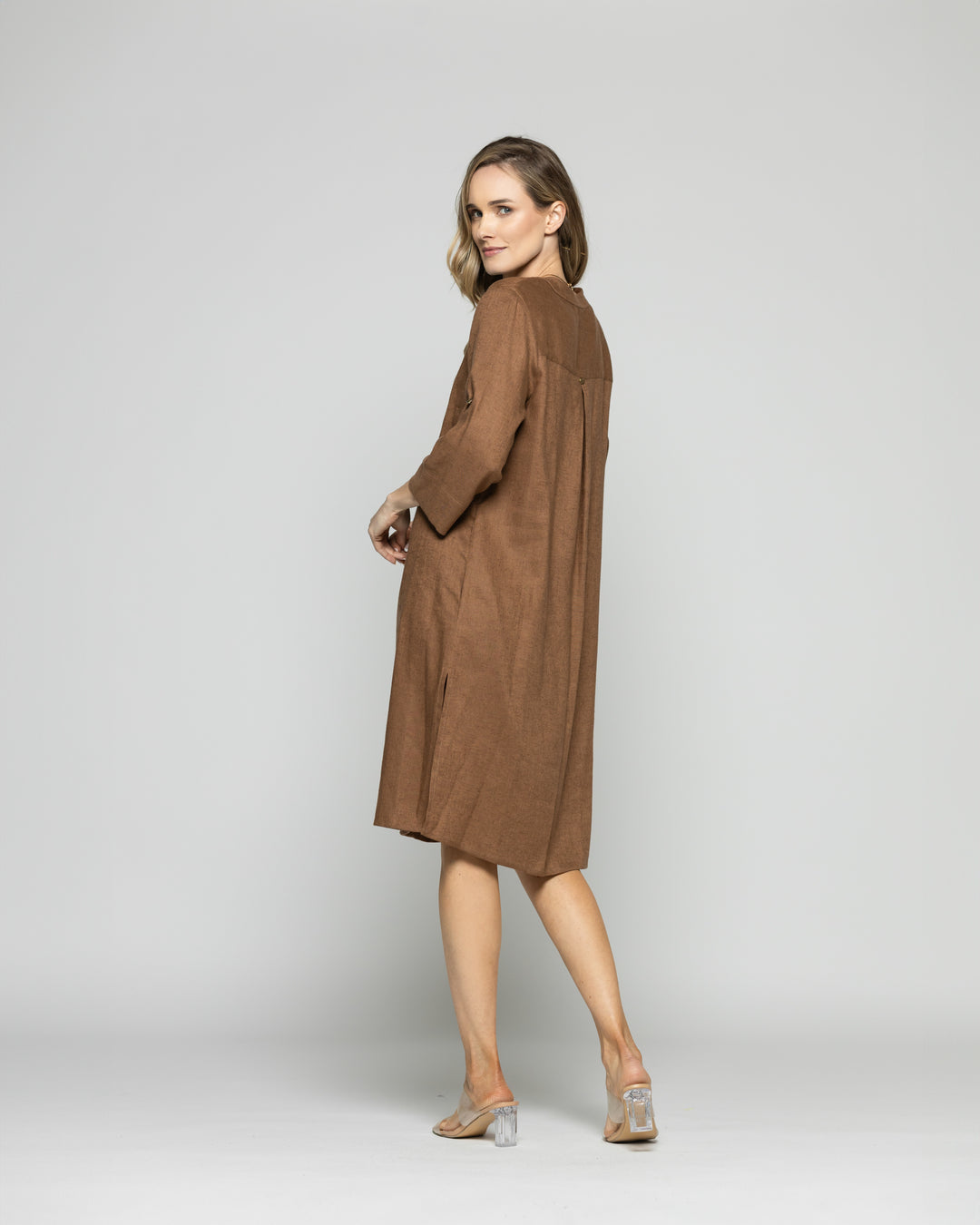 Túnica Vestido Mujer Vinca Camisero Cuello Mao Manga 3/4 Café Moka Ludovica