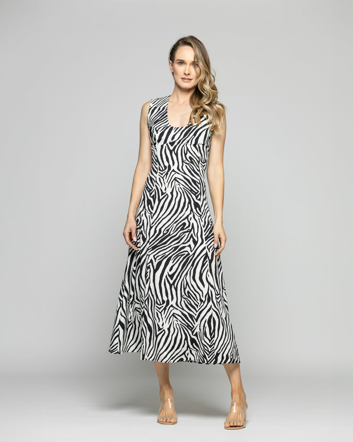 Vestido Mujer Vanda Midi Sin Mangas Animal Print Cebra Blanco Y Negro Ludovica