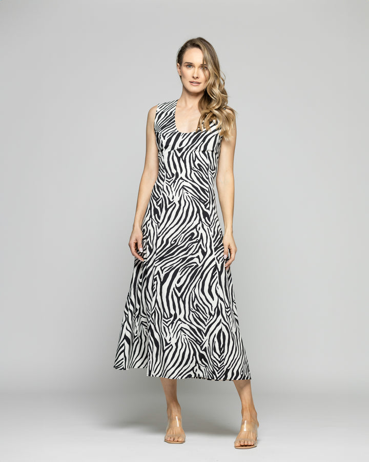 Vestido Mujer Vanda Midi Sin Mangas Animal Print Cebra Blanco Y Negro Ludovica