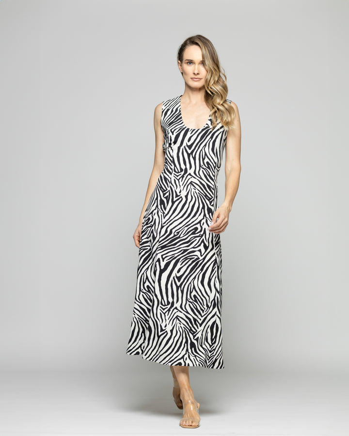 Vestido Mujer Vanda Midi Sin Mangas Animal Print Cebra Blanco Y Negro Ludovica