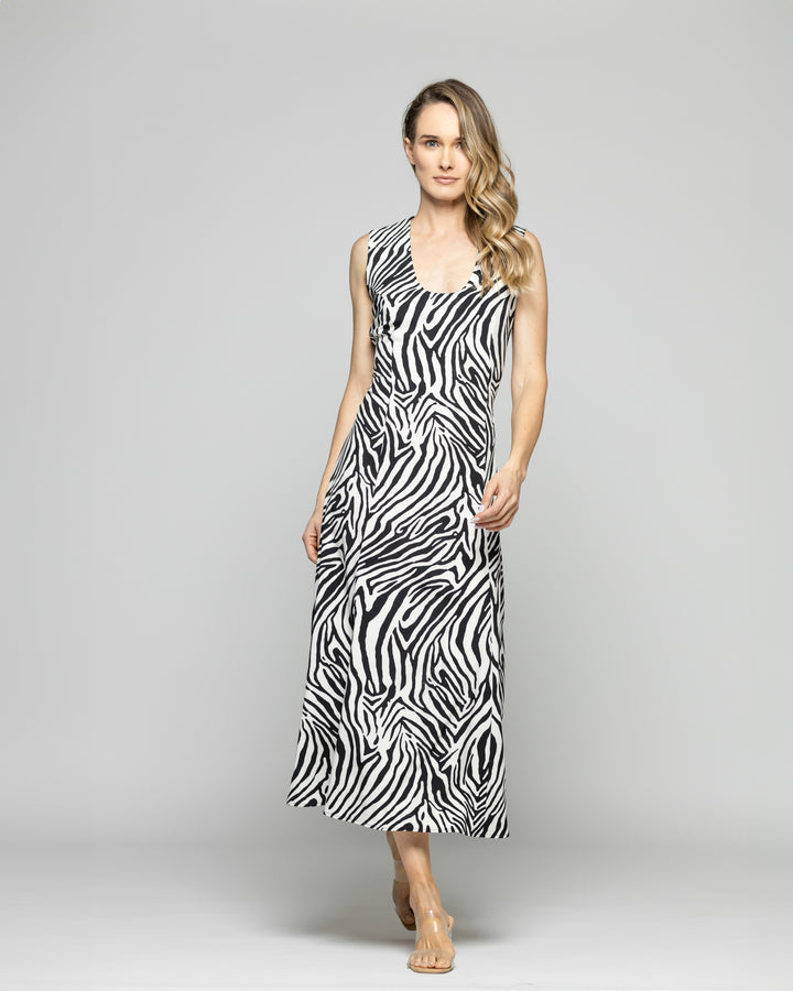 Vestido Mujer Vanda Midi Sin Mangas Animal Print Cebra Blanco Y Negro Ludovica