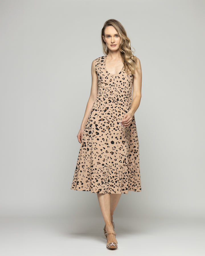Vestido Mujer Vanda Midi Sin Mangas Animal Print Leopardo Café Ludovica