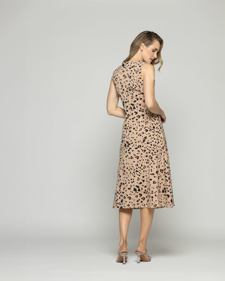 Vestido Mujer Vanda Midi Sin Mangas Animal Print Leopardo Café Ludovica