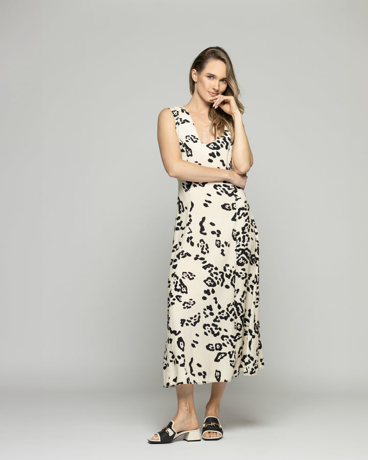 Vestido Mujer Vanda Midi Viscosa Sin Mangas Estampado Beige Ludovica