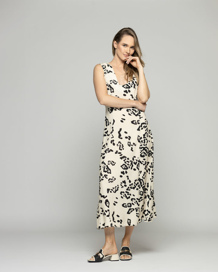 Vestido Mujer Vanda Midi Viscosa Sin Mangas Estampado Beige Ludovica