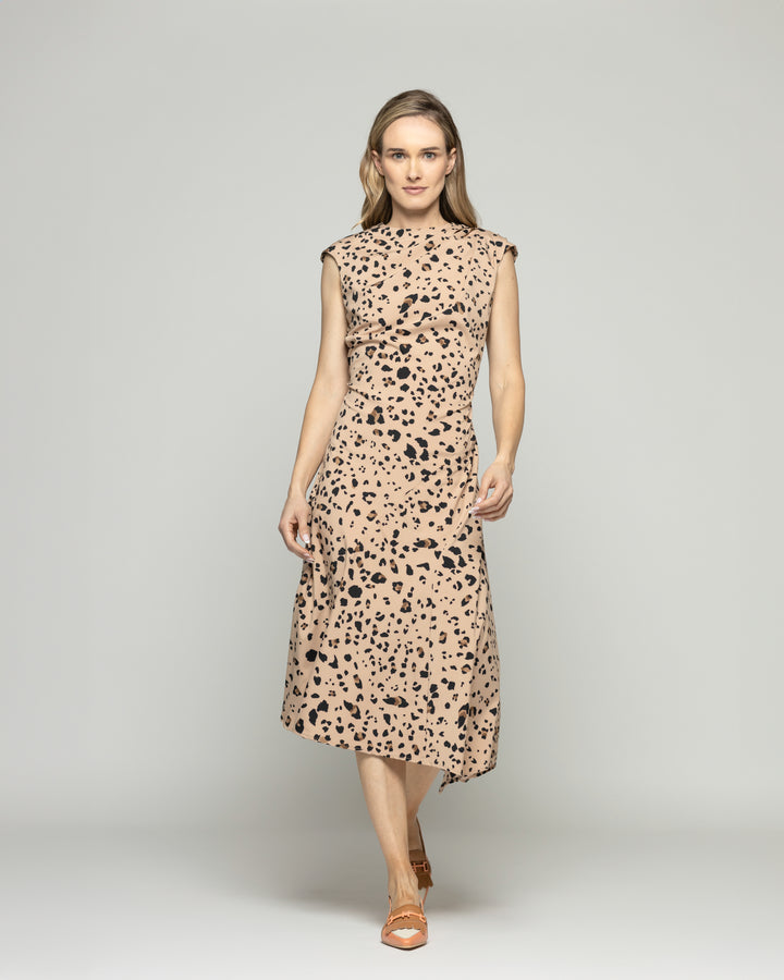 Vestido Mujer Yareta Midi Escote Redondo Hombro Drapeado Animal Print Leopardo Café Ludovica