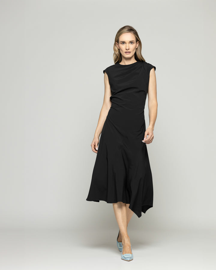 Vestido Mujer Yareta Midi Escote Redondo Hombro Drapeado Liso Negro Ludovica