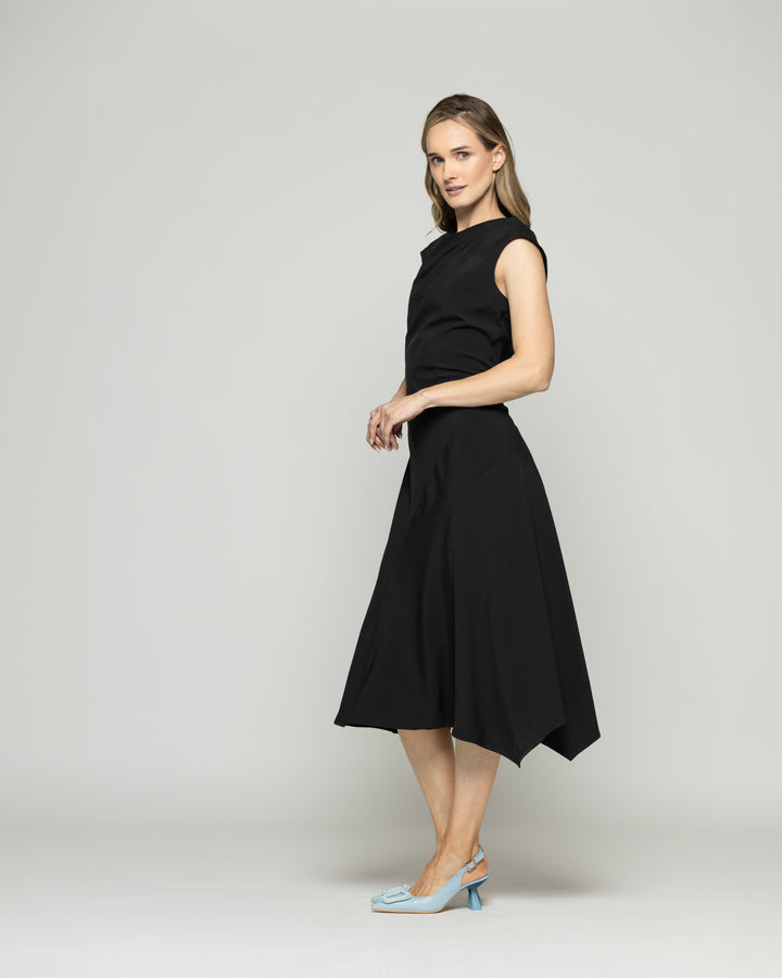 Vestido Mujer Yareta Midi Escote Redondo Hombro Drapeado Liso Negro Ludovica