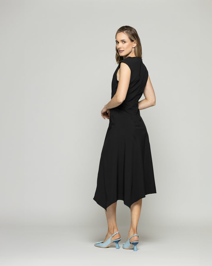 Vestido Mujer Yareta Midi Escote Redondo Hombro Drapeado Liso Negro Ludovica
