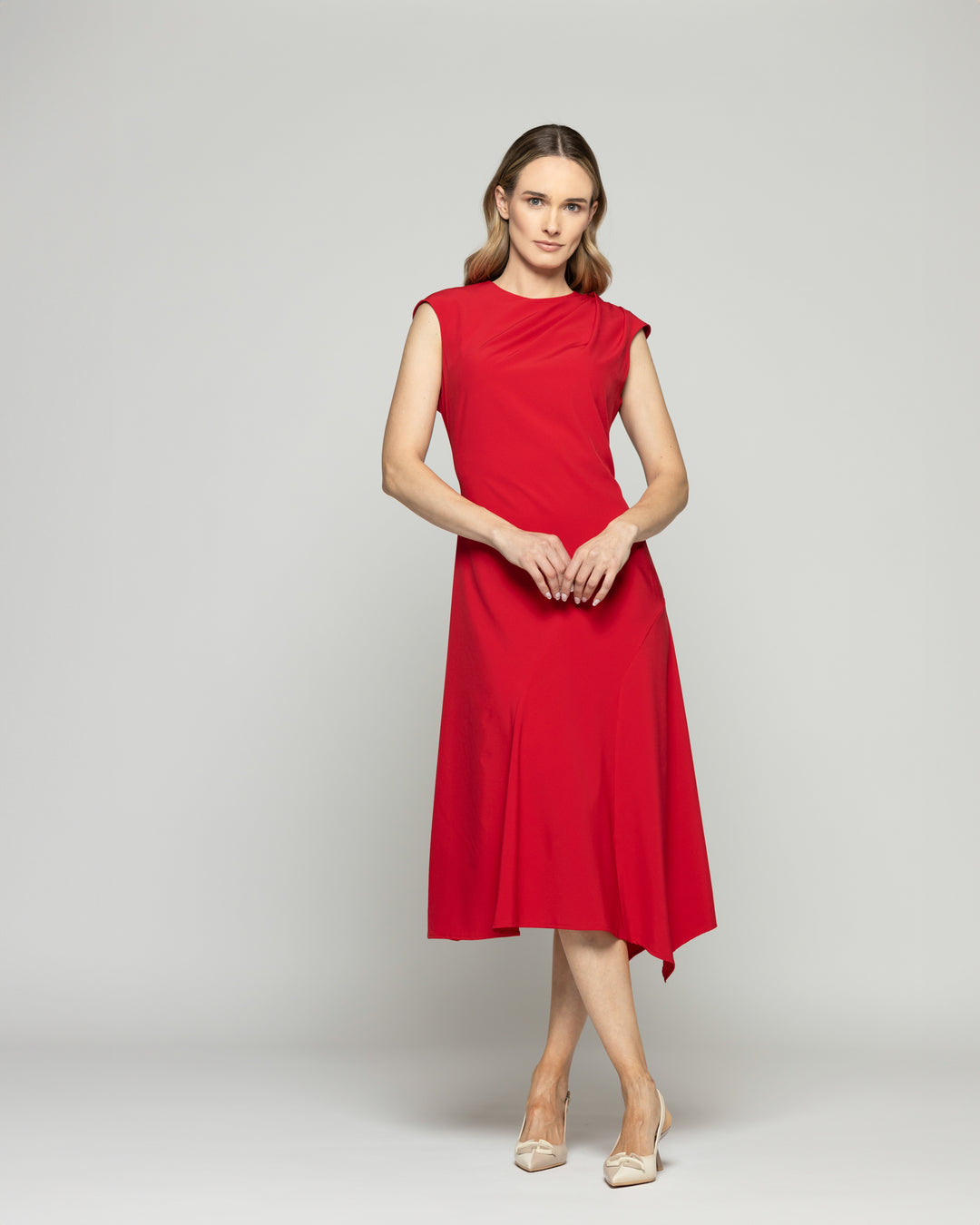Vestido Mujer Yareta Midi Escote Redondo Hombro Drapeado Liso Rojo Ludovica