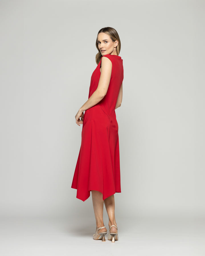 Vestido Mujer Yareta Midi Escote Redondo Hombro Drapeado Liso Rojo Ludovica