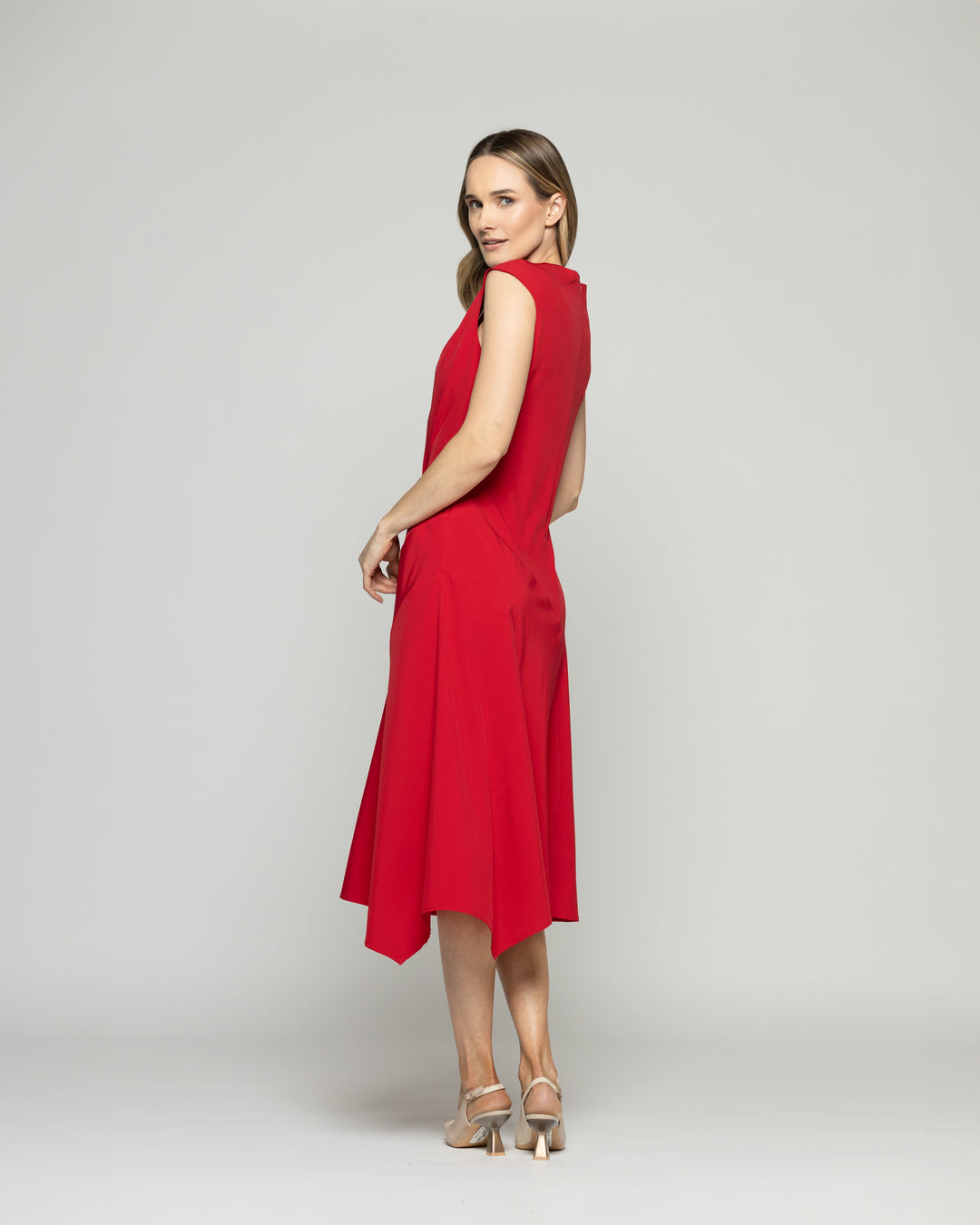 Vestido Mujer Yareta Midi Escote Redondo Hombro Drapeado Liso Rojo Ludovica