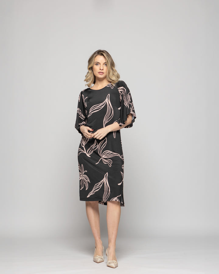 Vestido Mujer Zinnia Manga Murciélago Cuello Redondo Estampado Botánico Negro Ludovica