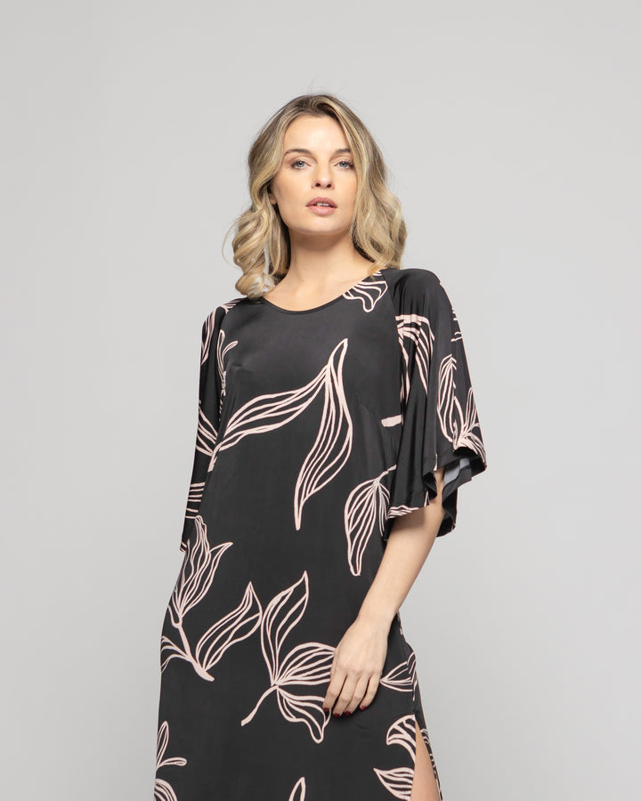 Vestido Mujer Zinnia Manga Murciélago Cuello Redondo Estampado Botánico Negro Ludovica