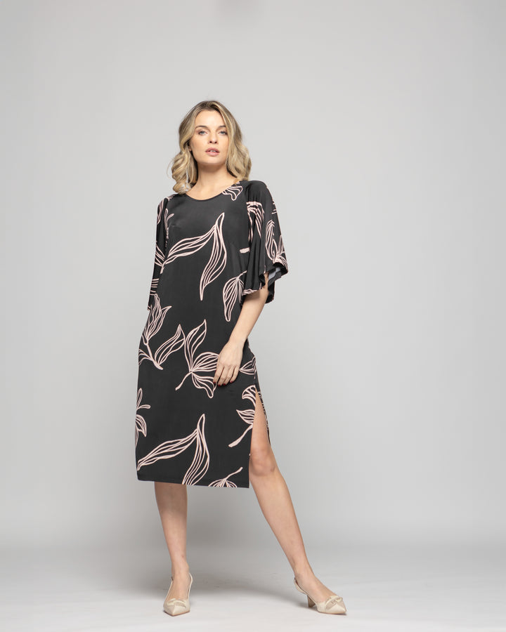 Vestido Mujer Zinnia Manga Murciélago Cuello Redondo Estampado Botánico Negro Ludovica