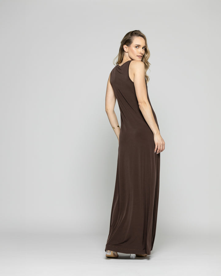 Vestido Mujer Iberis  Tirantes Largo Abertura En La Pierna Con Argolla Metálica Café Chocolate Ludovica