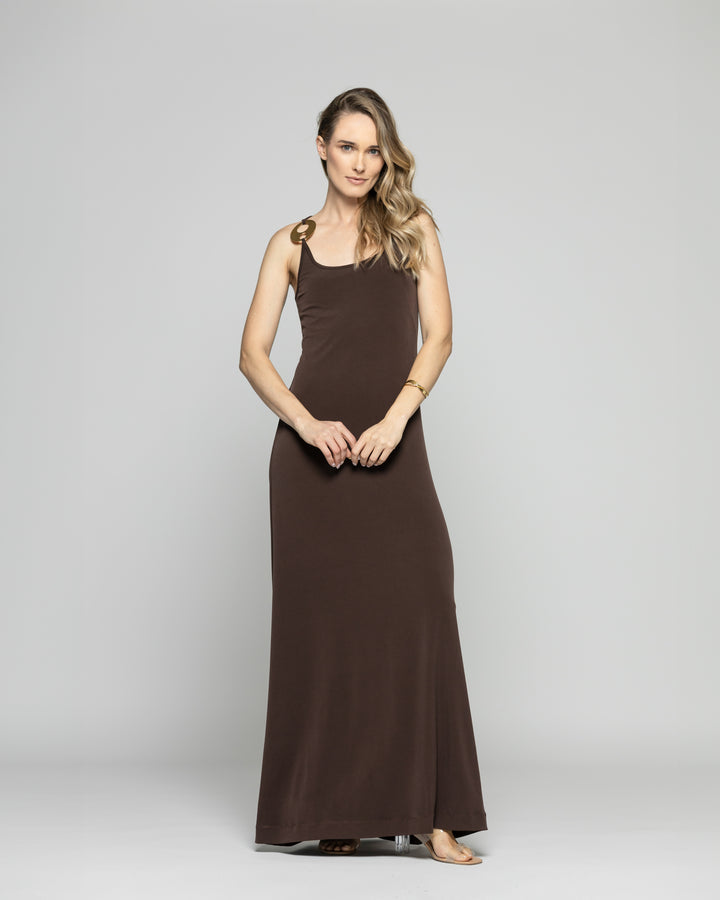 Vestido Mujer Iberis  Tirantes Largo Abertura En La Pierna Con Argolla Metálica Café Chocolate Ludovica