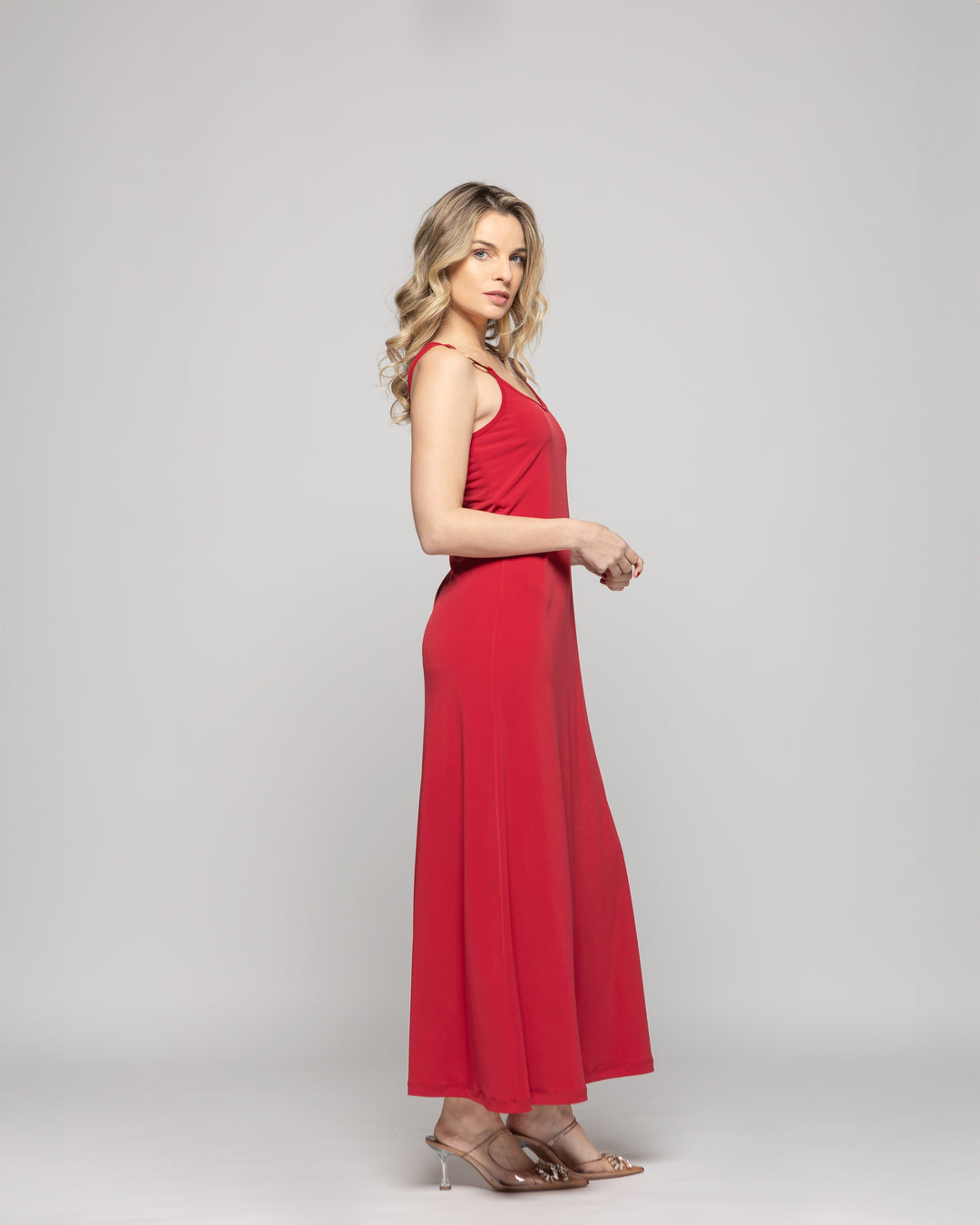 Vestido Mujer Iberis  Tirantes Largo Abertura En La Pierna Con Argolla Metálica Rojo Ludovica