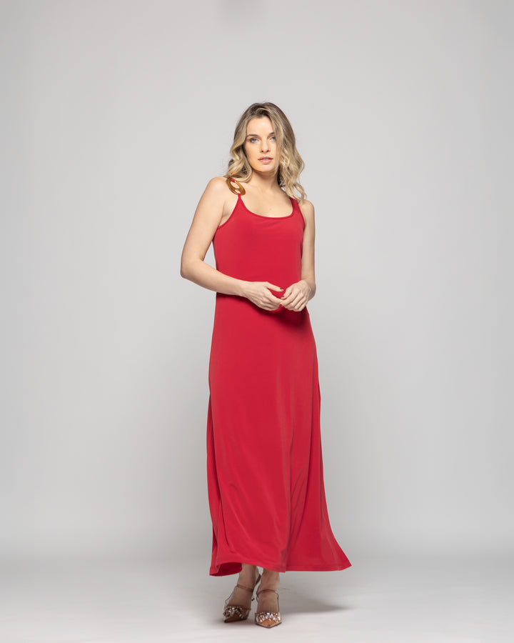 Vestido Mujer Iberis  Tirantes Largo Abertura En La Pierna Con Argolla Metálica Rojo Ludovica