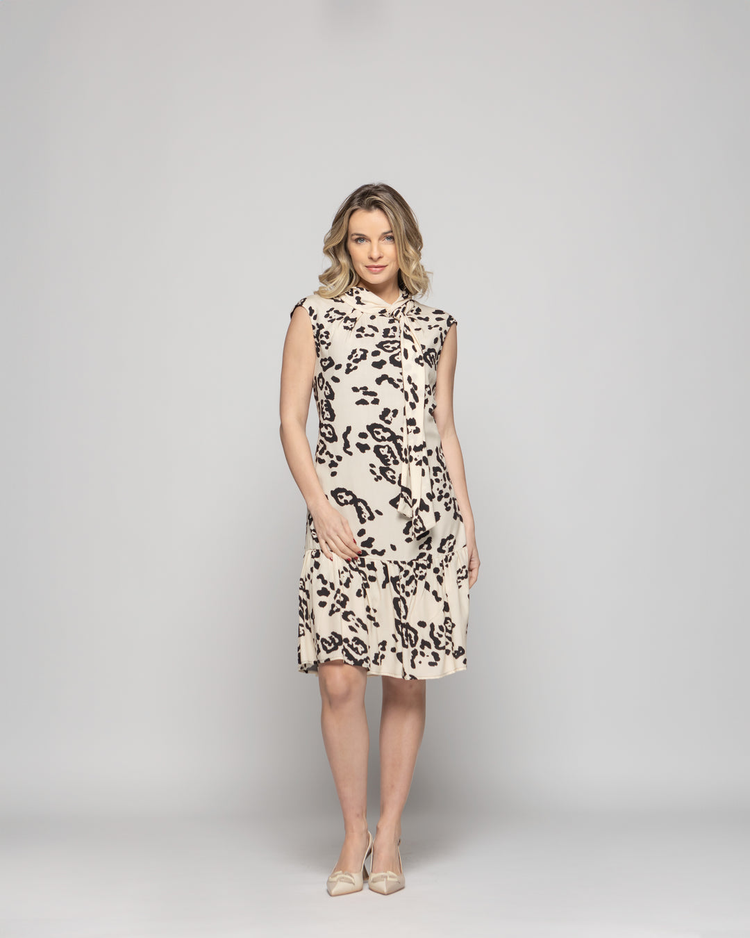 Vestido Mujer Geranio Corto Con Lazo Animal Print Beige Ludovica