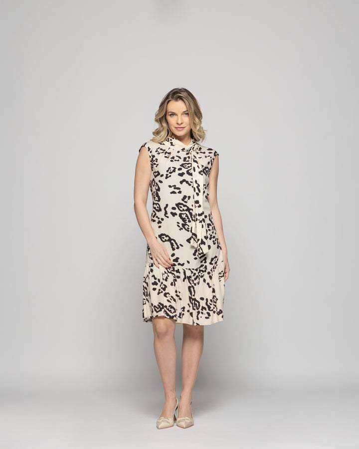 Vestido Mujer Geranio Corto Con Lazo Animal Print Beige Ludovica
