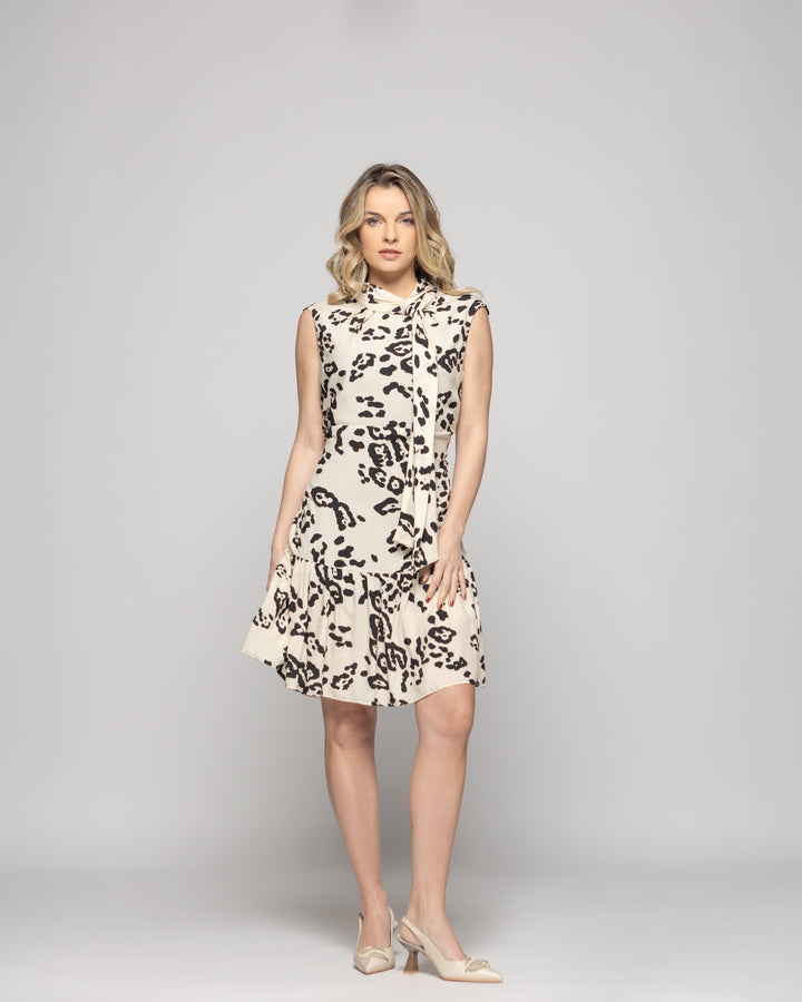 Vestido Mujer Geranio Corto Con Lazo Animal Print Beige Ludovica