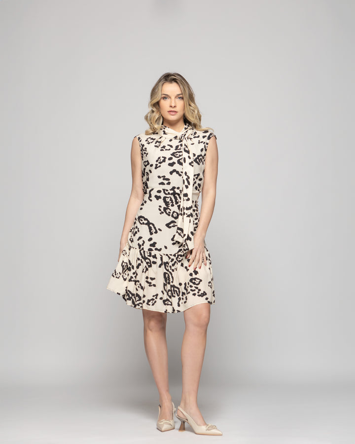 Vestido Mujer Geranio Corto Con Lazo Animal Print Beige Ludovica