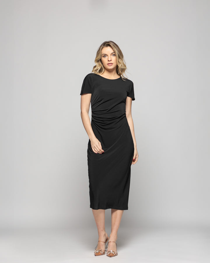 Vestido Mujer Alelí Midi Manga Corta Drapeado En Cintura Negro Ludovica