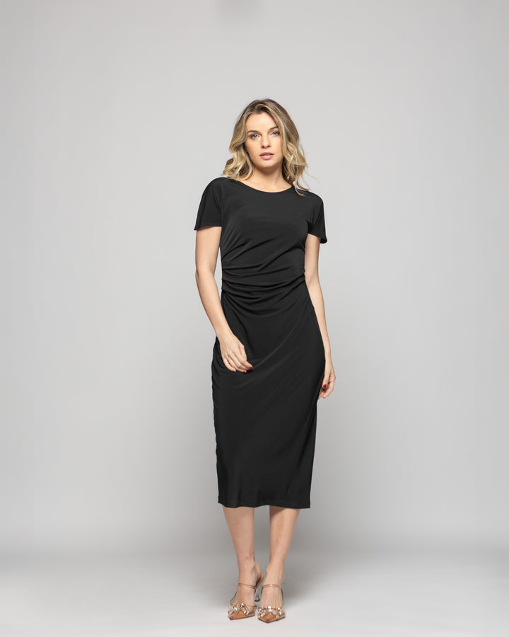 Vestido Mujer Alelí Midi Manga Corta Drapeado En Cintura Negro Ludovica