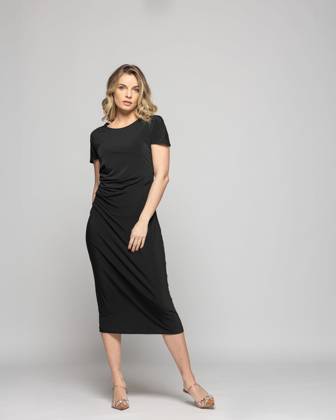 Vestido Mujer Alelí Midi Manga Corta Drapeado En Cintura Negro Ludovica