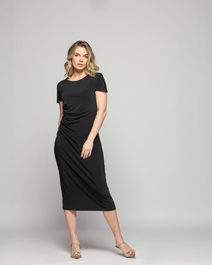 Vestido Mujer Alelí Midi Manga Corta Drapeado En Cintura Negro Ludovica