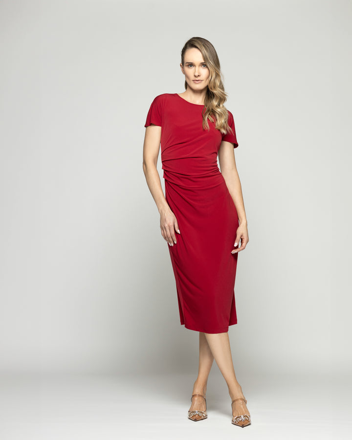 Vestido Mujer Alelí Midi Manga Corta Drapeado En Cintura Rojo Ludovica
