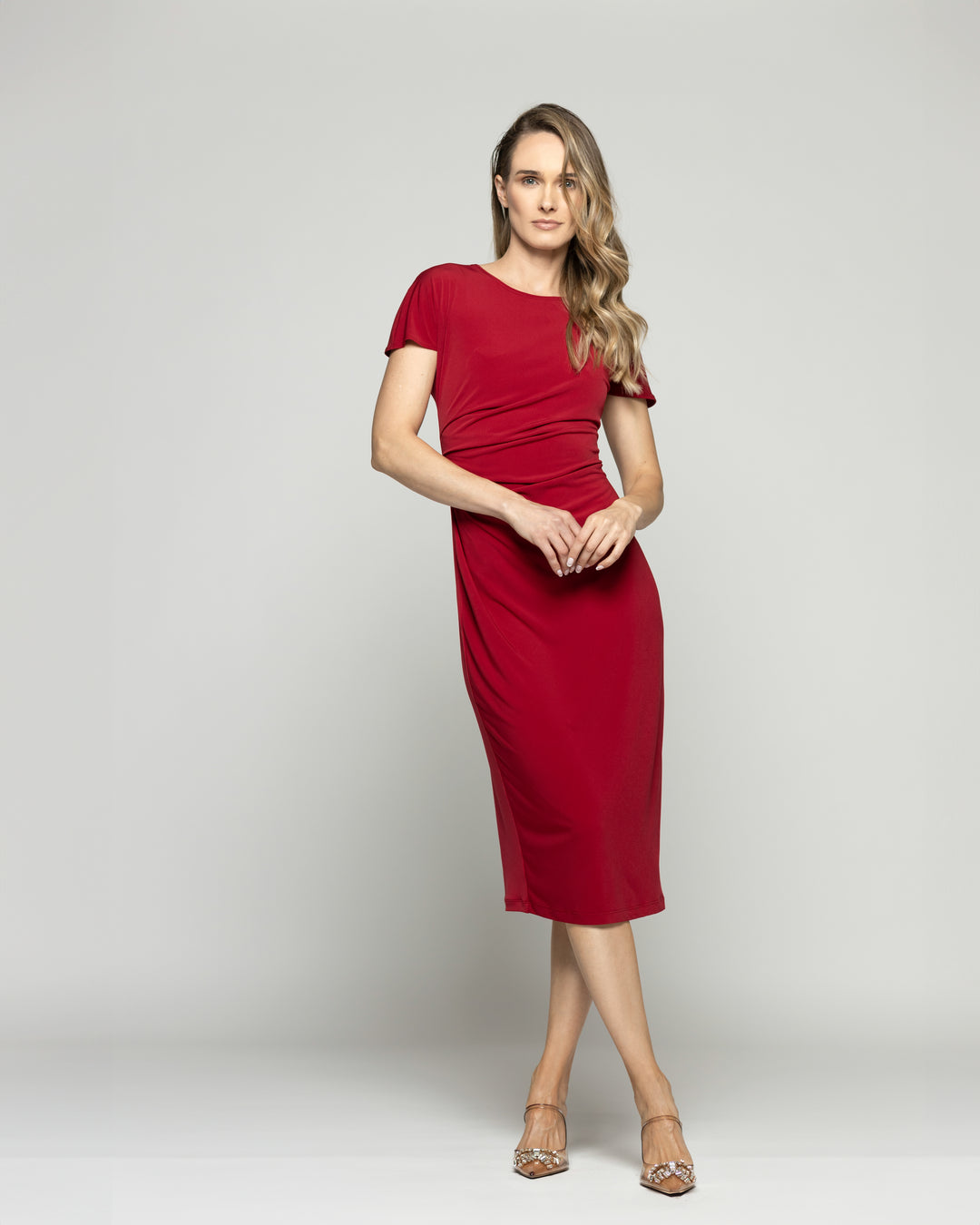 Vestido Mujer Alelí Midi Manga Corta Drapeado En Cintura Rojo Ludovica