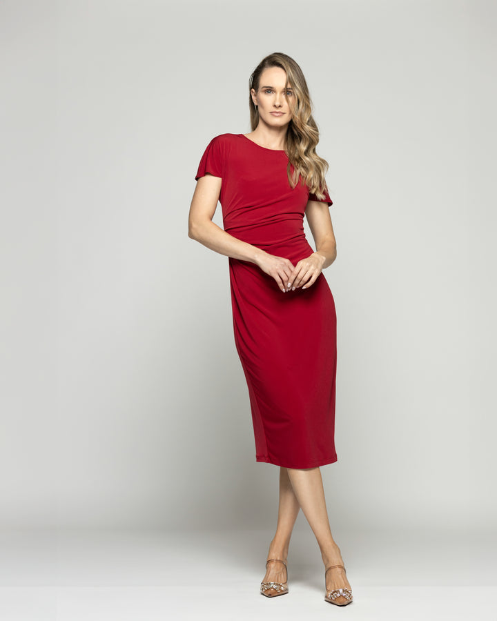 Vestido Mujer Alelí Midi Manga Corta Drapeado En Cintura Rojo Ludovica
