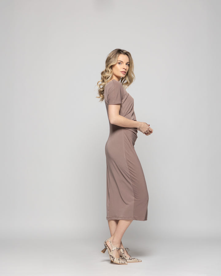 Vestido Mujer Alelí Midi Manga Corta Drapeado En Cintura Café Taupe Ludovica